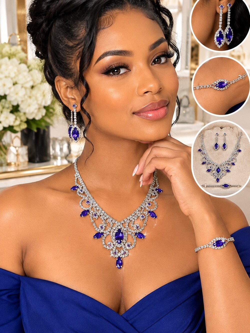 & Other Stories Silver Necklace Set with Royal Blue Stones